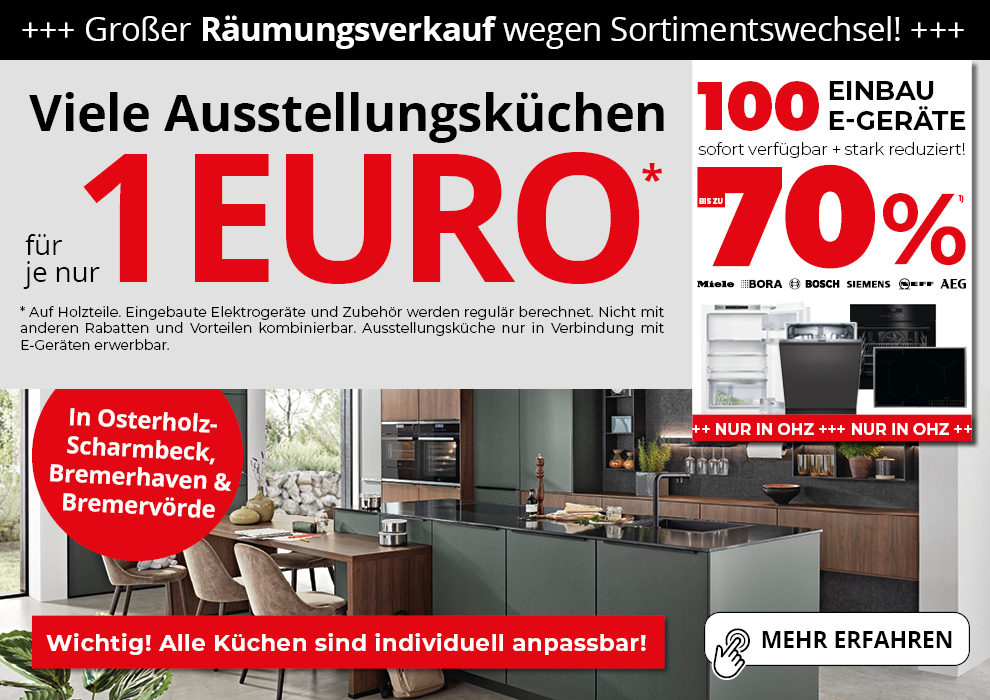 Viele Ausstellungsküchen für je nur 1 Euro auf die Holzteile. Eingebaute Elektrogeräte und Zubehör werden regulär berechnet • Bis zu 70% auf viele Einbau E-Geräte nur in OHZ